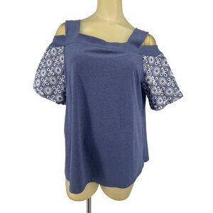 Chicos Womens Knit Cold Shoulder Top Blue eyelet sleeves Size large